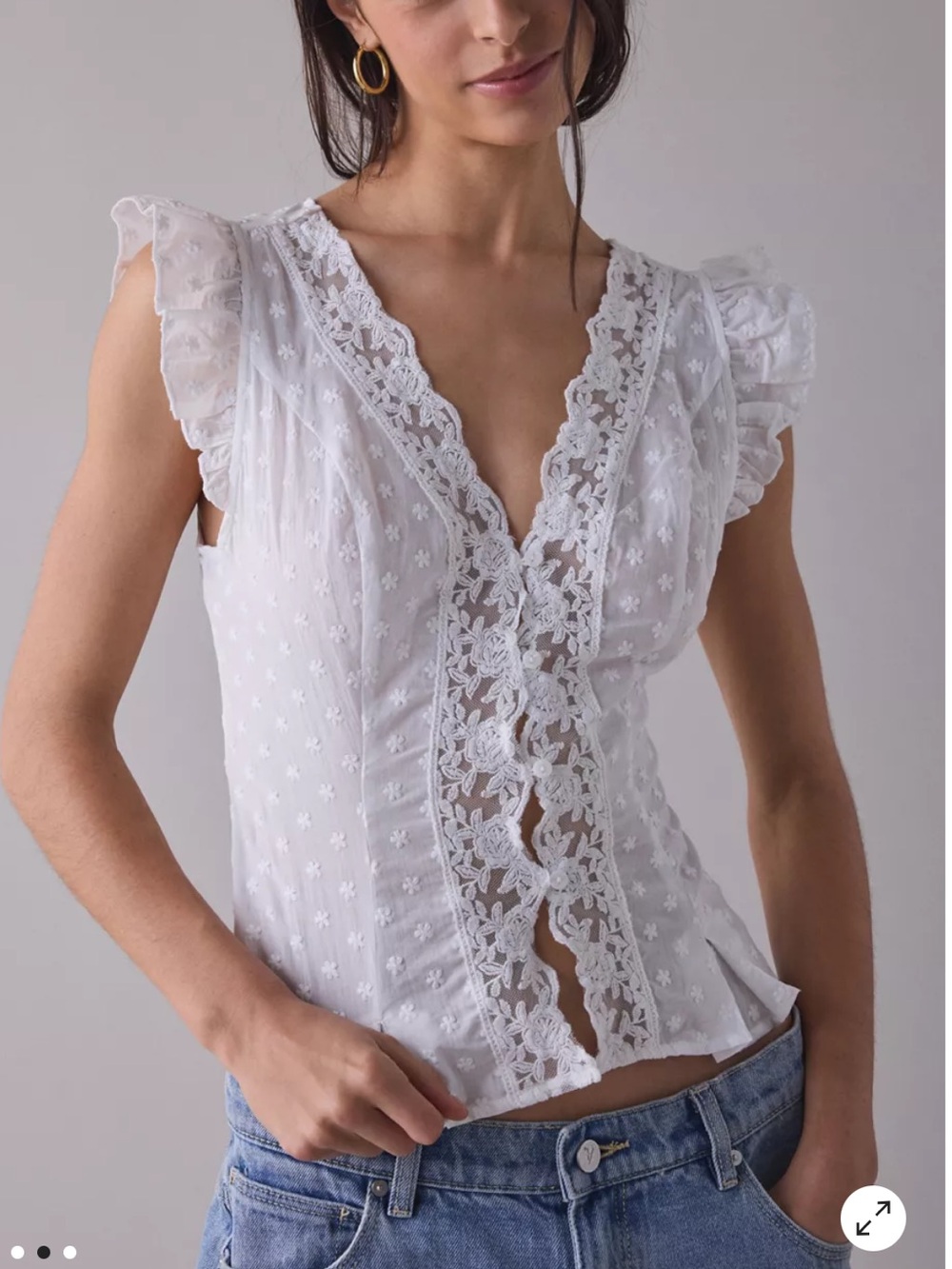 Kimchi Blue White Eyelet V-Neck Blouse with Lace Trim